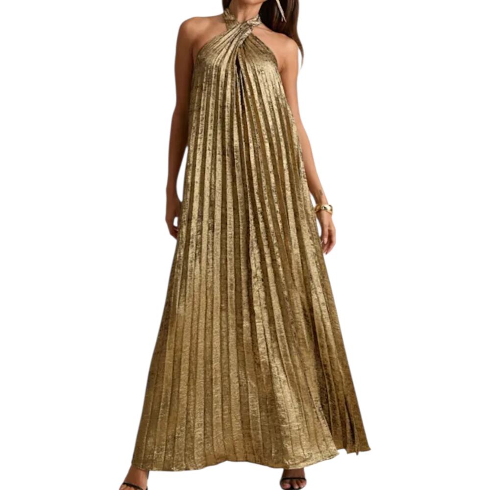 NWT Lulus Gelsey Gold Lurex Pleated Crisscrossing Halter Shift Maxi Dress XS